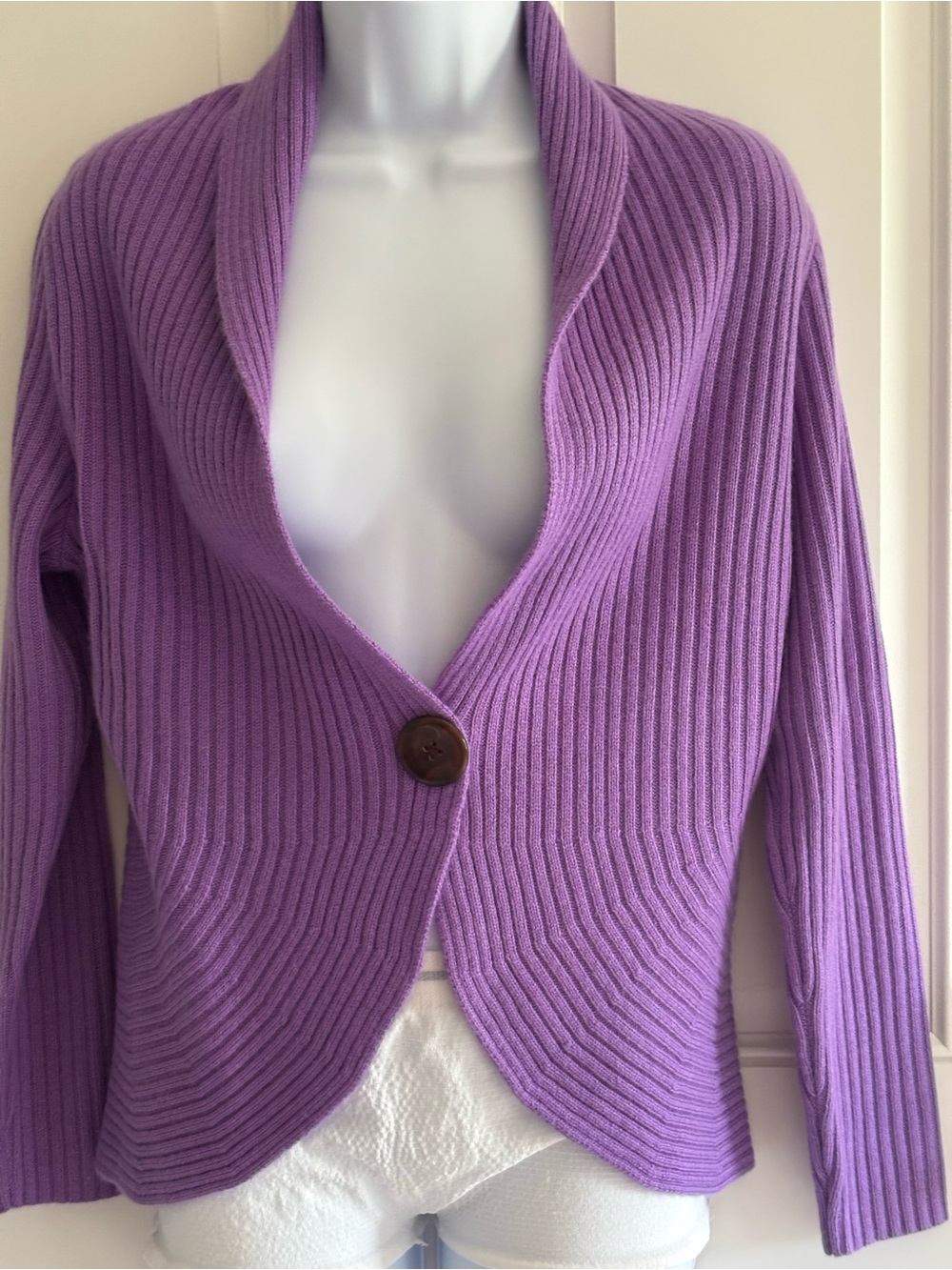 Cashmere Talbots Lavender Ribbed Shawl-Collar Single-Button Cardigan